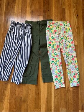 Crewcuts Olive Cargo Pants, Navy Stripe Terry Pants & Floral Leggings - 3 Pack